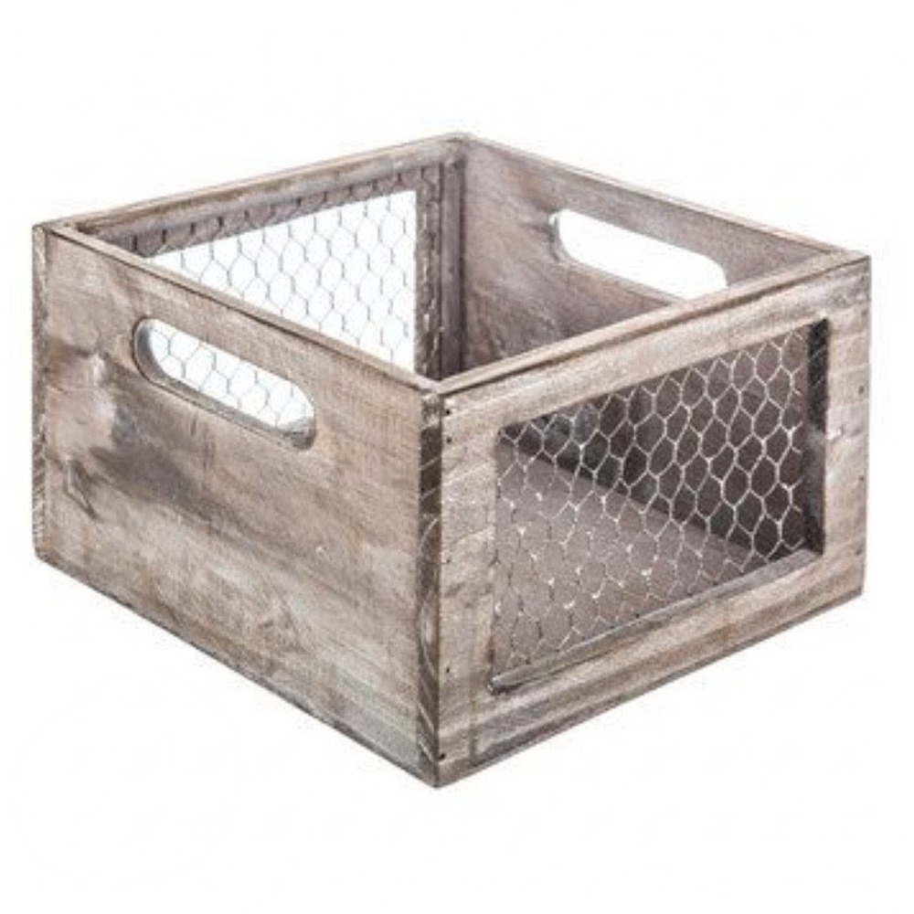 Rustic Farmhouse Beige Grey Wood Crate with Chicken Wire Mesh Sides and Handles